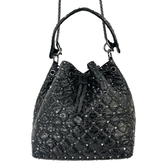 Valentino Garavani Black Rockstud Spike Leather Studded Bucket Bag Crossbody - Picture 5 of 16